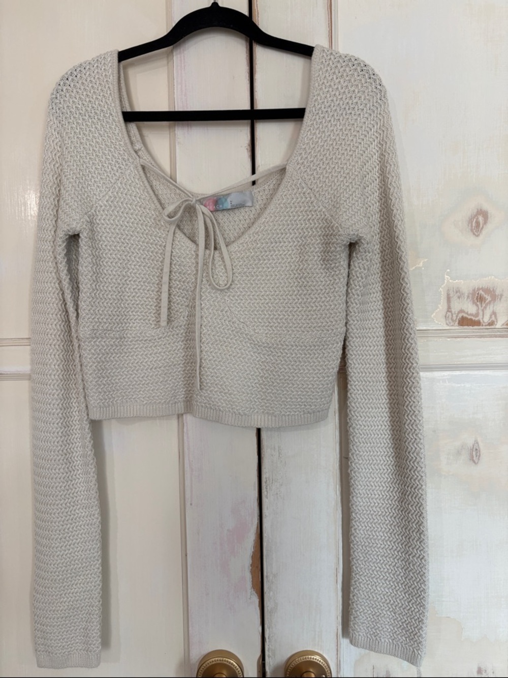 Free People Cream Knit Tie-Front Crop Sweater